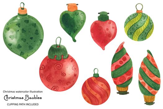 Christmas bulbs and baubles, watercolor isolated illustration with clipping path