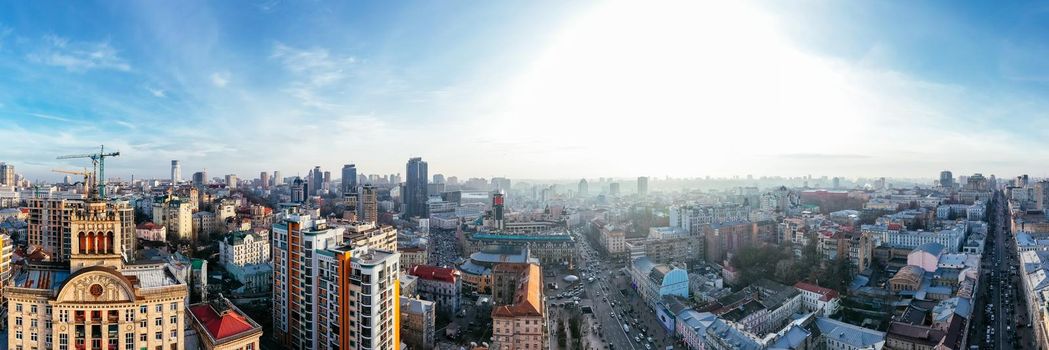 Kyiv (Kiev), Ukraine, 20.12.2021. Main street Khreshchatyk in Kyiv. Aerial view