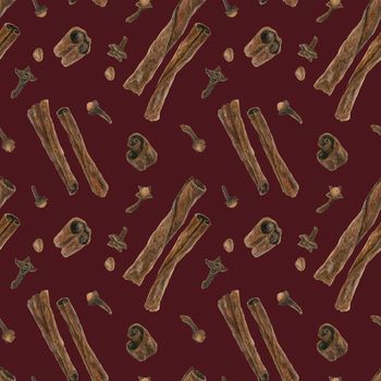Cinnamon and Cloves. Dried buds and barks, watercolor red seamless pattern with clipping path