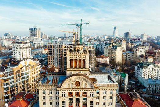 Kyiv (Kiev), Ukraine, 20.12.2021. Main street Khreshchatyk in Kyiv. Aerial view