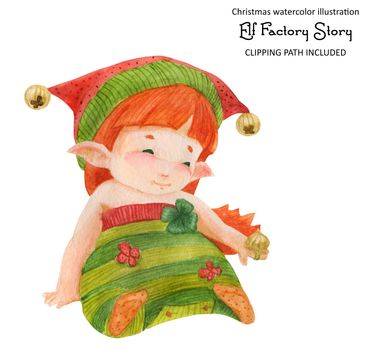 Christmas elf story, elf girl princess with candy ring, isolated watercolor and clipping path
