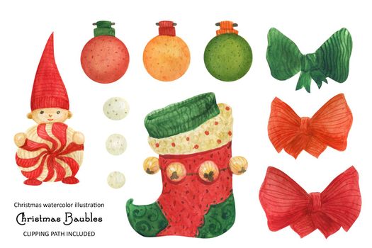 Christmas baubles and gnome and stocking, watercolor illustration with clipping path