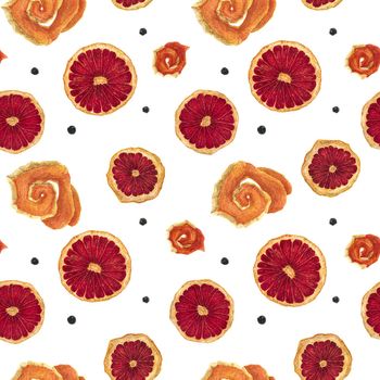 Slices of dried red orange seamless pattern, watercolor on a white background