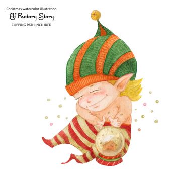 Christmas elf story, elf-wisard charming a crystal snow ball, isolated watercolor and clipping path