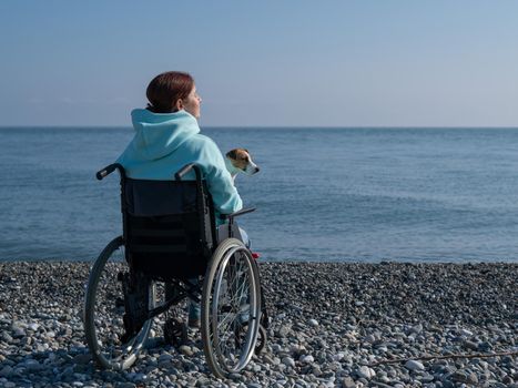 Caucasian woman in a wheelchair cuddling with a dog near the sea