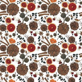 Winter plants and spices for christmas realistic watercolor seamless pattern on a white background