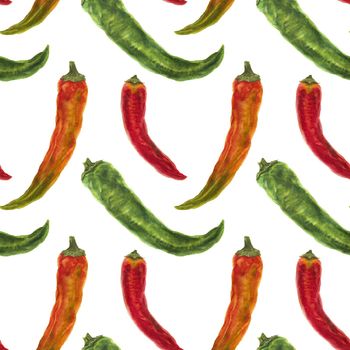 Green, orange and red hot peppers, watercolor seamless pattern with clipping path