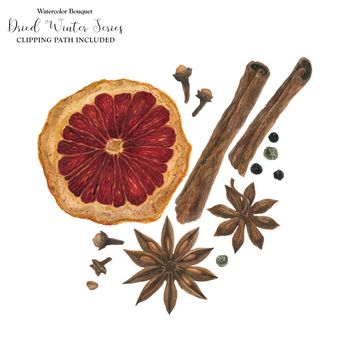 New Year bouquet for winter spiced wine, watercolor with clipping path