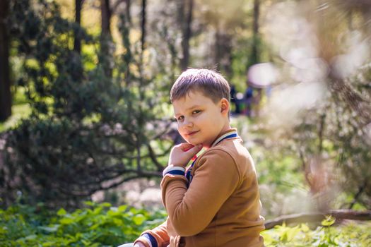 A cute young man is sitting and posing in a clearing in the forest. The sun's rays envelop the space of the clearing with a stump. Space for copying. Selective focus.