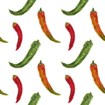 Small green, orange and red hot peppers, watercolor seamless pattern with clipping path