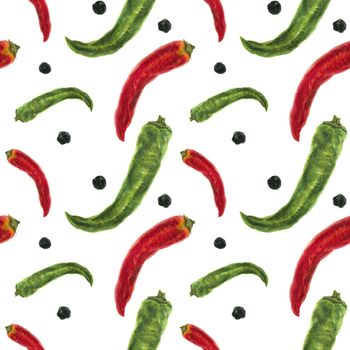 Red and green chili peppers watercolor seamless pattern with clipping path