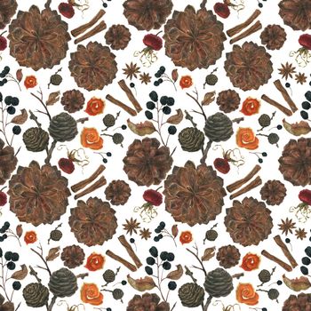 Winter plants and spices for new year realistic watercolor seamless pattern on a white background