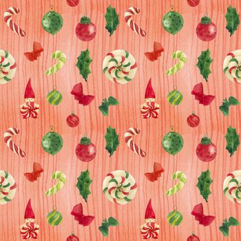 Christmas watercolor red seamless pattern with gnome and candy canes and glass baubles
