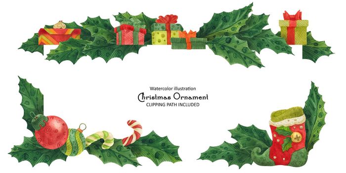 Christmas holly border with elf stockings and candy canes and gift boxes, isolated watercolor illustration and clipping path