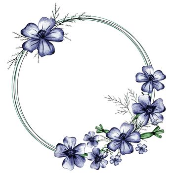 Cute Wreath with Flowers, Leaves and Branches Drawn by Colored Pencils. Hand Drawn Circle Frame for Your Text on White Background.