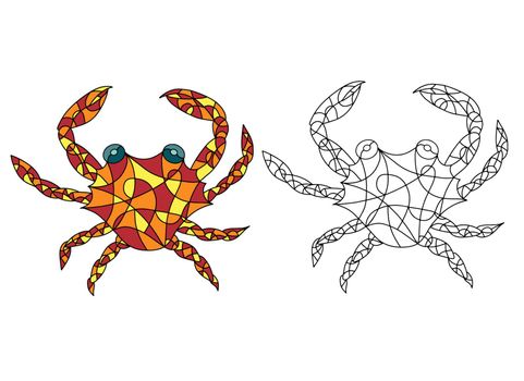 Black and White and Colored Illustration in stained glass style with abstract Crab. Image for Coloring Book, Coloring Page, Print, Batik and Window.