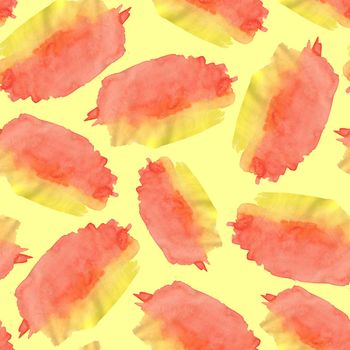 Seamless Pattern with Red and Yellow Watercolor Spots. Hand Drawn Blobs on Yellow Background.