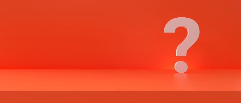 Question mark in panoramic studio red background. 3d rendering.