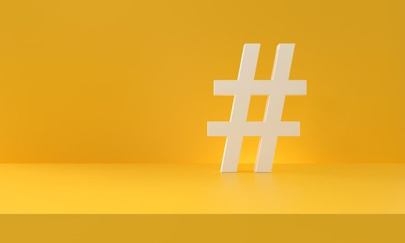 Hashtag symbol white in yellow photography studio background. Trending topics, trends, digital marketing. 3d rendering.