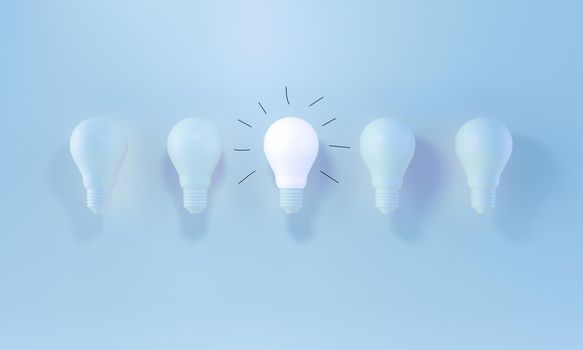 Glowing Light Bulb and handmade gloss lines between the others on blue pastel background. Innovation, Creativity, great idea, Leadership and individuality concepts. 3d rendering.