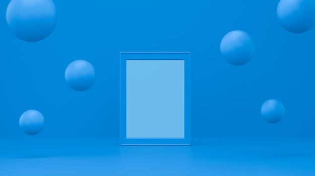 Frame with bubble floating on pastel blue studio. minimal geometric background shape abstract background. 3d rendering.
