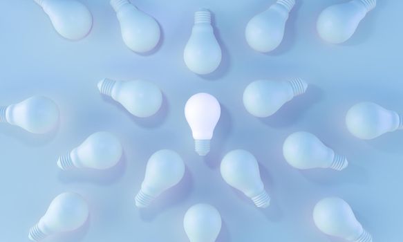 Glowing Light Bulb white Standing Out From the Crowd on blue background. ideas, leadership, creativity, innovation and individuality concept. 3d rendering.