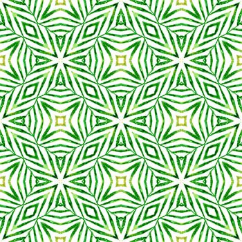 Textile ready astonishing print, swimwear fabric, wallpaper, wrapping. Green unusual boho chic summer design. Repeating striped hand drawn border. Striped hand drawn design.