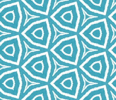 Striped hand drawn pattern. Turquoise symmetrical kaleidoscope background. Textile ready bewitching print, swimwear fabric, wallpaper, wrapping. Repeating striped hand drawn tile.