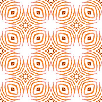 Textile ready symmetrical print, swimwear fabric, wallpaper, wrapping. Orange appealing boho chic summer design. Oriental arabesque hand drawn border. Arabesque hand drawn design.