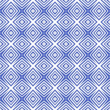 Tiled watercolor pattern. Indigo symmetrical kaleidoscope background. Textile ready terrific print, swimwear fabric, wallpaper, wrapping. Hand painted tiled watercolor seamless.