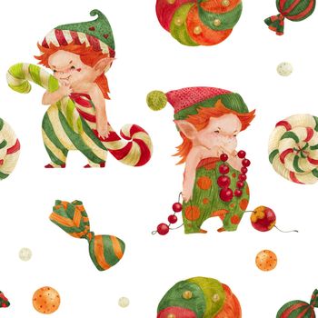 Christmas Elves Story seamless watercolor pattern, elves and candy canes on a white