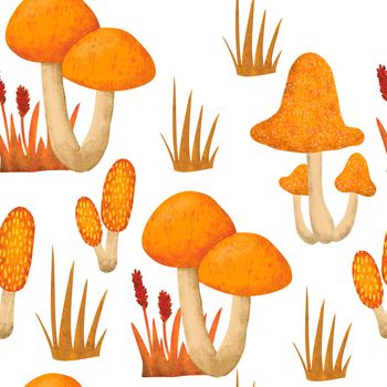 Hand drawn seamless pattern with fall autumn mushrooms fungi, wild nature background. Thanksgiving forest wood woodland fabric print in orange red yellow. For textile wallpaper