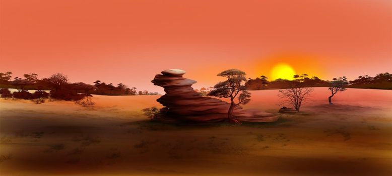 Lone rock in african landscape at sunset. Digital Painting Background, Illustration.