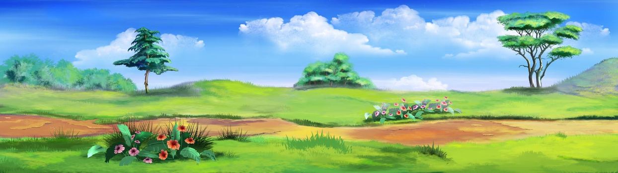 Landscape with flowers near the trail on a green meadow. Digital Painting Background, Illustration.