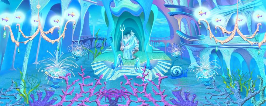 Fairy tale castle interior at the bottom of the magical sea. Digital Painting Background, Illustration.
