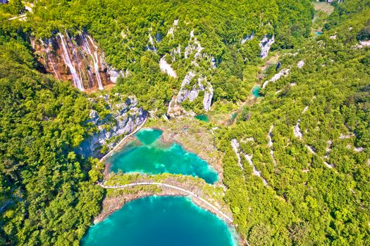 Paradise waterfalls of Plitvice lakes national park aerial view, panoramic view, Croatia