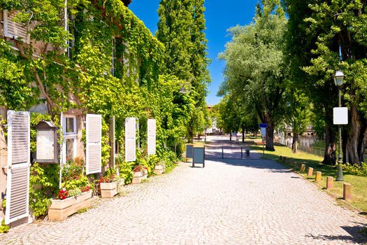 Town of Strasbourg paved walkway in historic Little French quarters, Alsace region of France