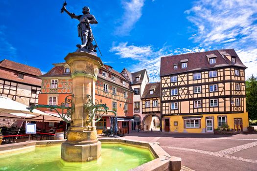 Colorful historic town of Colmar square and fountain view, Alsace region of France