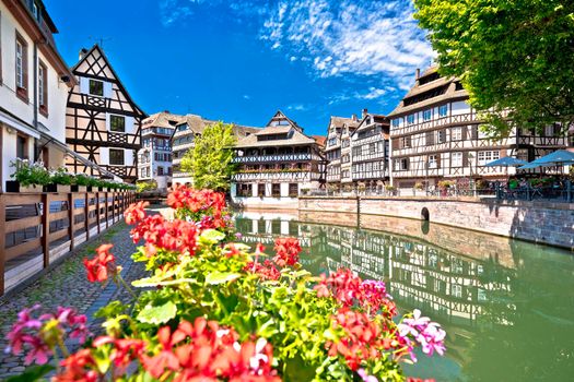 Town of Strasbourg canal and historic architecture in historic Little French quarters, Alsace region of France