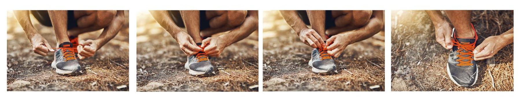 Composite shot of a young person tying their shoelaces step by step outdoors before a workout.