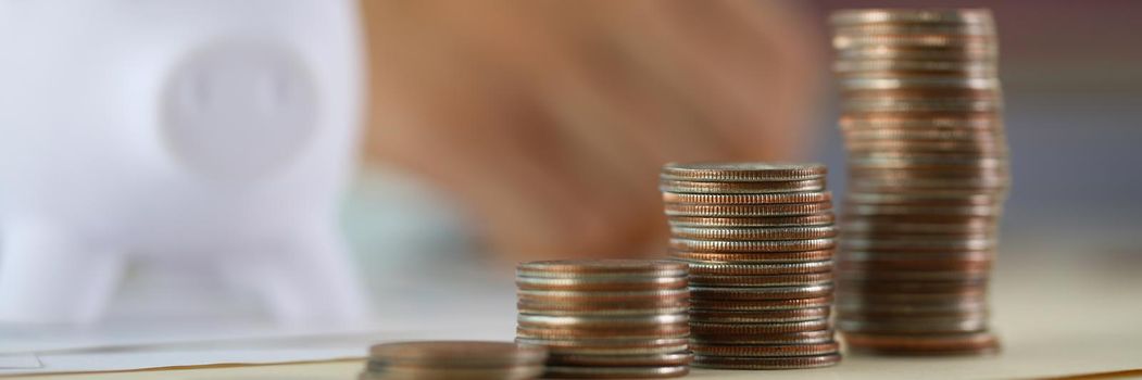 Coins in a row and a piggy bank, close-up, blurry. Pension savings, growth of interest on the deposit, savings account