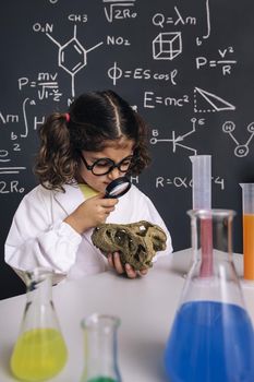 little girl scientist with glasses in lab coat with chemical flasks studying a dinosaur skull with her magnifying glass, back to school and successful female career concept, vertical photo