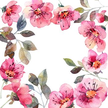 Watercolor illustration with pink flowers and leaves - decorative frame for design, artistic painting