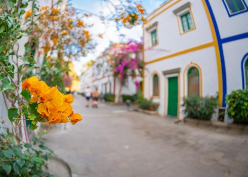 February 3 2022 Puerto de Mogan Canary Island Spain a town full of narrow streets with pink red and orange flowers vaults with colorful buildings with shops on the ground floor visited by tourists