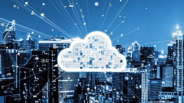 Cloud computing technology and online data storage for alteration data sharing . Computer connects to internet network server service for cloud data transfer shown in 3D futuristic graphic interface .