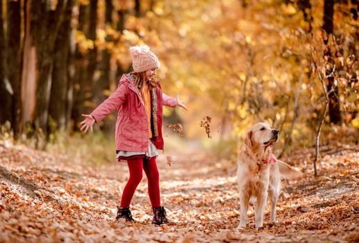 Preteen girl kid with golden retriever dog playing at autumn park. Beautiful portrait of child and pet having fun outdoors at nature