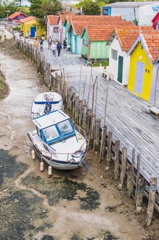 Colorful cabins on the harbor of Château d'Oléron, on the island of Oléron in France