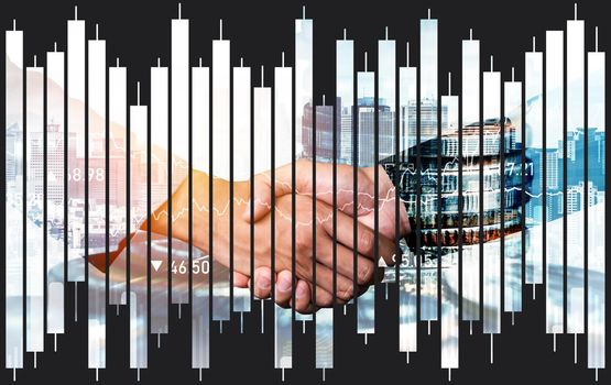 Business handshake on finance prosperity and money technology asset background . Economy and financial growth by investment in valuable stock market to gain wealth profit form currency trading