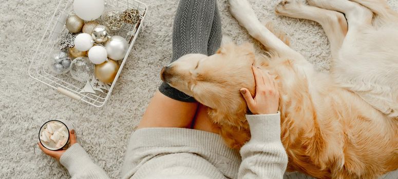 Girl holding mug with cocoa and marshmallow and golden retriever dog sleeping close to her ion floor. Young woman with hot beverage and pet doggy at home in festive time