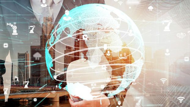 Future building construction and inventive engineering project concept with HUD hologram graphic design. Building engineer, architect people or construction worker works with modern civil technology.